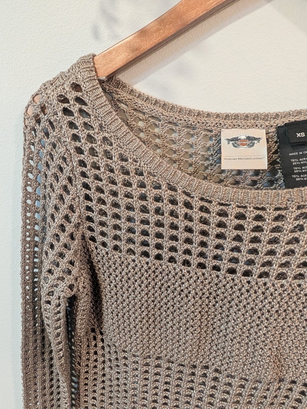 Harley Davidson Open-Knit Long Sleeve Sweater - Taupe Size Xs - Picture 4 of 9